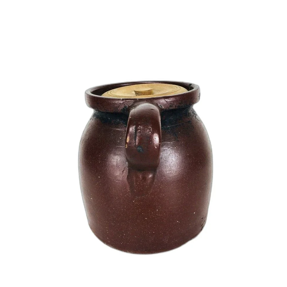 Antique Late 1800s Farmhouse Slip Glazed Stoneware Crock With Handle & Wood Lid